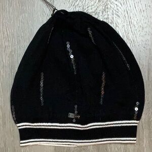 NWT Point Zero Black Toque Hat with Sequence 100% cotton one size